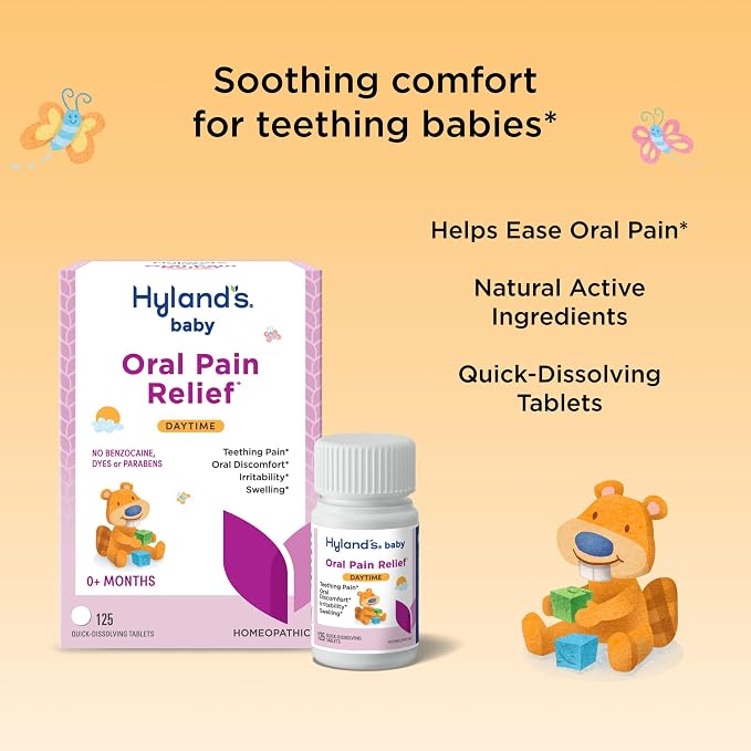 Hyland's Baby Daytime Oral Pain Relief Tablets - 125-Count, Up to 62 Doses - Baby and Toddler Soothing Tablets with Chamomile for Discomfort, Irritability & Swelling