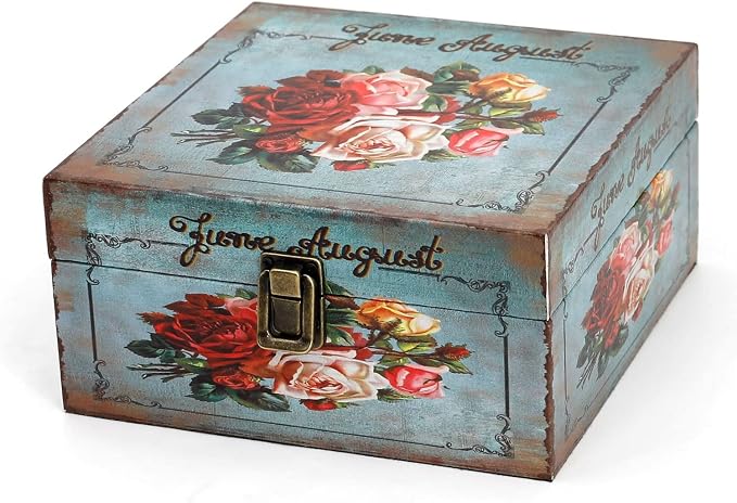 Jolitac Wood Storage Box Set of 3, Vintage Decorative Nesting Boxes Wooden Treasure Storage Crates With Latch, Home Decor Rustic Antique Boxes With Lid for Photos, Jewelry, Cash (Bloom)