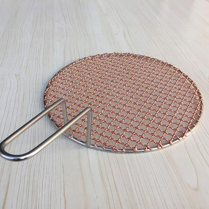 Copper Barbecue Grill Netting with Handle Round Barbecue Wire Mesh Steaming Cooling Baking Net for Korean BBQ