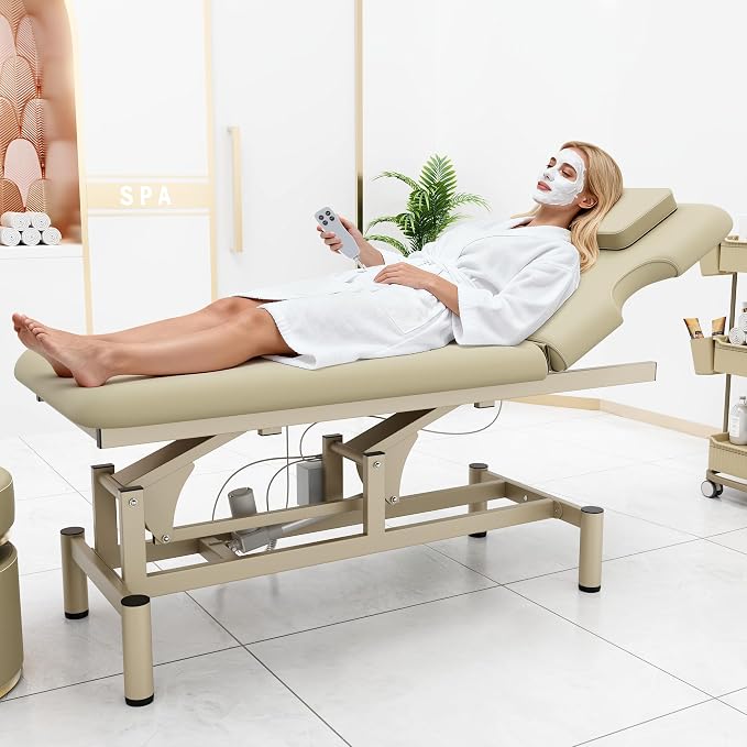 Professional Electric Massage Table, 2 Motors Hydraulic Electric Lift Adjustable Backrest and Height Lifting Functions for Treatment/Physical Therapy/Spinal Massage/Facial Spa/Waxing - Beige Gray