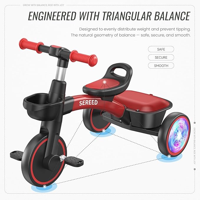 SEREED Colorful Lighting Toddler Tricycle for 2-5 Years Old Boys Girls, Adjustable Seat&Handlebar Trike, Removable Basket, Birthday Gift Idea for Kids Ages 2+ (Red Black)