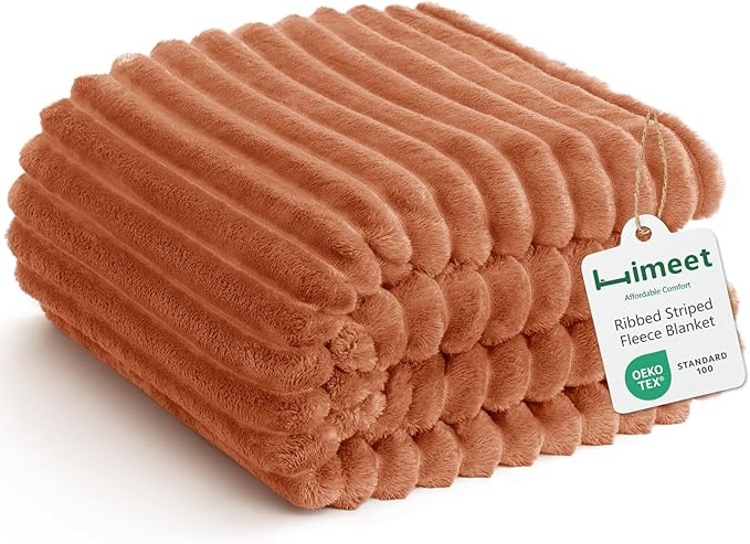 HIMEET Burnt Orange Full Blanket for Bed, 300GSM Ribbed Fleece, 84 x 90 in | Ultra Soft Flannel, All-Season Lightweight Warmth, Bed Layering & Home Room Decor, Gift for Men & Women, Machine Washable