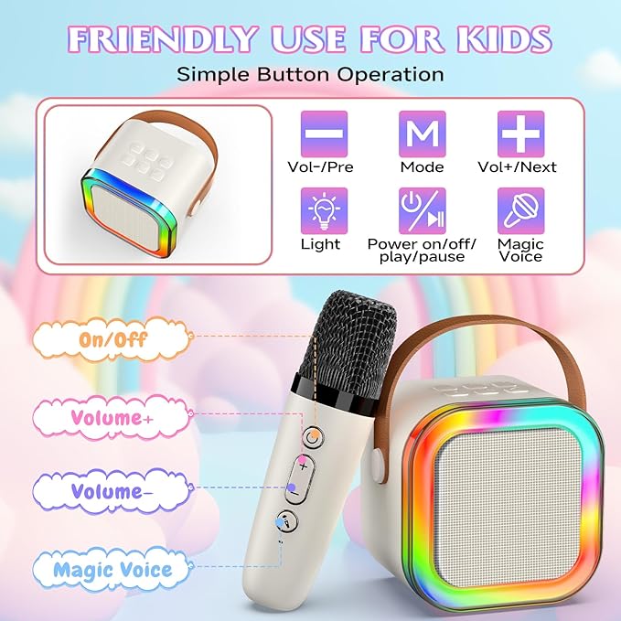 Portable Karaoke Machine, Mini Karaoke Machine with 2 Wireless Microphones for Kids Adults, Kids Microphone Christmas Birthday Toys for Girls Boys Toddler 4, 5, 6, 7, 8, 10 12+ Years Old 【Beige】