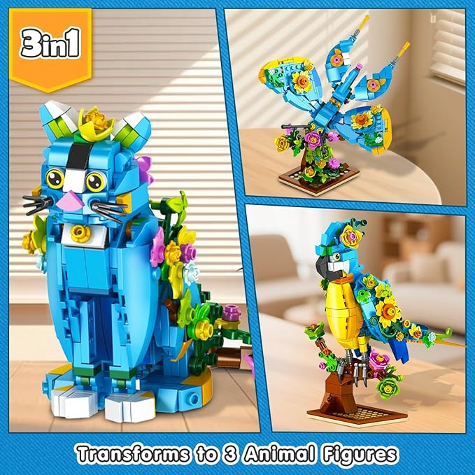 Flower Cat Building Set, 3 in 1 Floral Parrot Butterfly Animal Figure Building Toy for Home Office Art Decor, 412 PCS Building Block Gift for Adults Kids Boys Girls Ages 8 9 10 11 12+