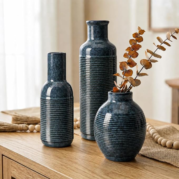 Ceramic Blue Vase Set of 3 - Small Waterproof Vases for Home Décor | blue ceramic vases - Pampas Grass Dried Fresh Flowers - for Centerpiece, Coffee Table, Mantel Entryway, Living Room, Bedroom