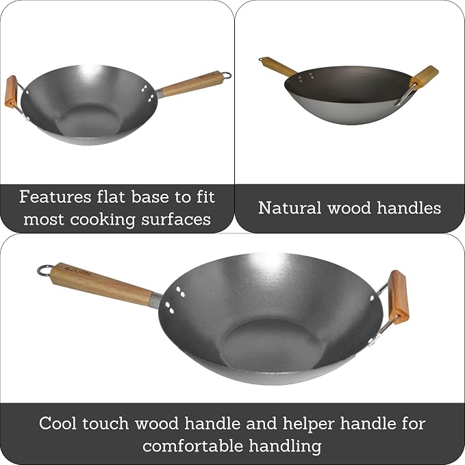 IMUSA 14 Inch Carbon Steel Wok with Wood Handles for Noodles | Natural Nonstick Surface, Cool Touch and Helper Handles, Lightweight Flat Base, Ideal for Stir-Frying and Asian Dishes
