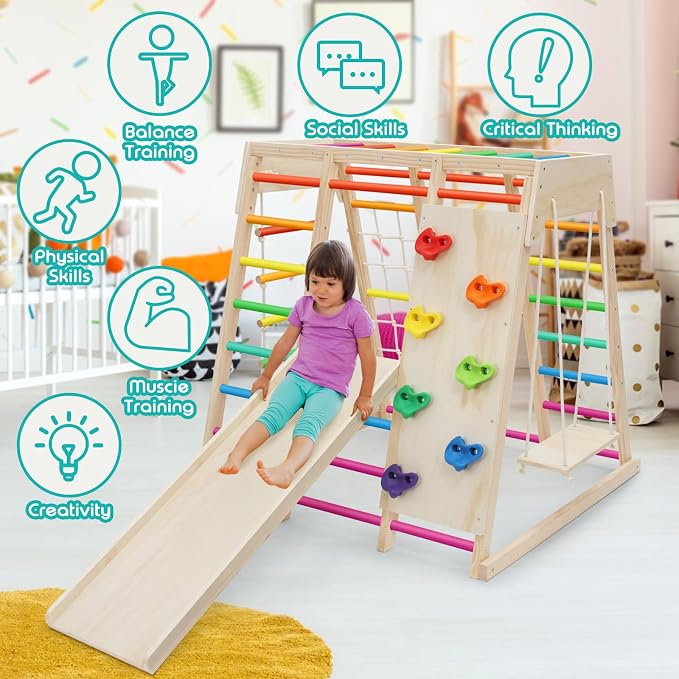7 in 1 Pikler Indoor Playground Jungle Gym Playset, Wooden Montessori Climber with Slide, Rock Climb Wall, Monkey Bars, Rope Ladder, Climbing Rope and Swing for Kids（Rainbow）