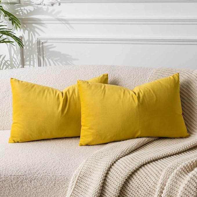14x24 Pillow Covers Set of 2 Decorative Velvet Throw Pillow Covers,Yellow | Luxury Soft Cushion Covers with Invisible Zipper for Couch Sofa Bed Living Room Bedroom Home Decor