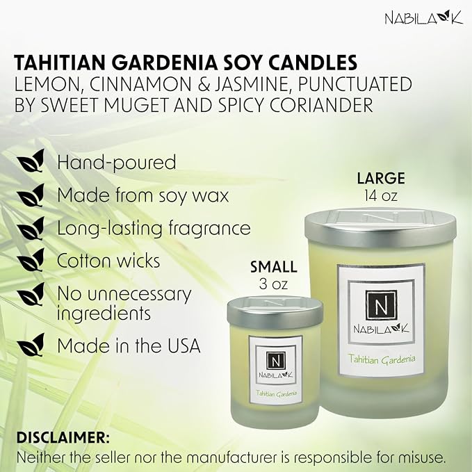 Nabila K - Tahitian Gardenia - Soy-Based Candle - Lemon, Cinnamon, Jasmine, Sweet Muguet & Spicy Coriander - Hand-Poured - Cotton Wick - Aromatherapy Candle w/Essential Oils - Made in USA - 3 oz