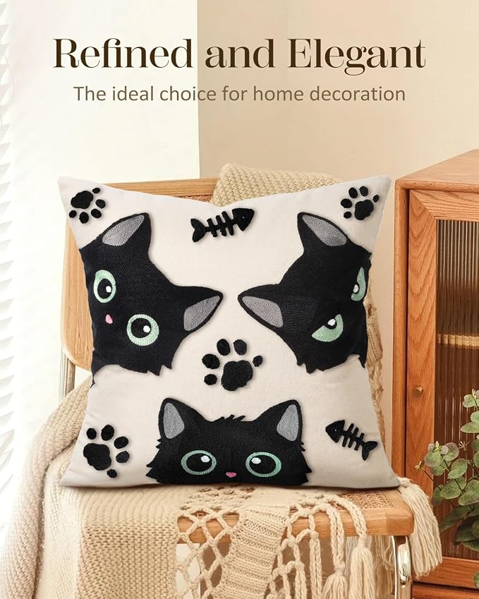 Embroidered Throw Pillow Cover 18x18 Inch, Cat Bone | Decorative Pillow Cover, Whimsical Cushion Case with Hidden Zipper, Cottagecore Decor for Couch, Sofa, Living Room, Bedroom
