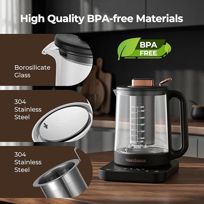 Narcissus Electric Kettle Temperature Control ±5℉, 1.8L Glass Electric Tea Kettle with Removable Infuser for Flowers & Fruit Tea, 1200W Fast Boiling, 6 Hours Keep Warming, Black
