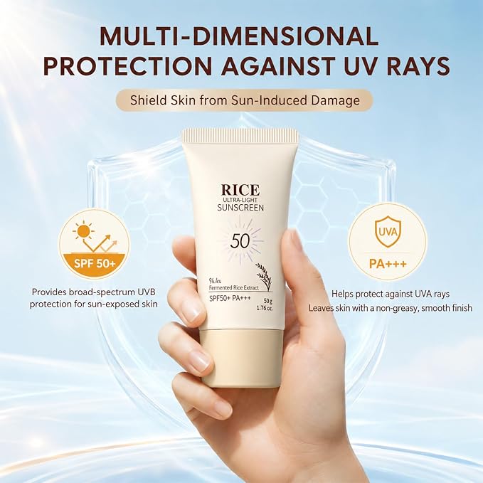 2PCS Rice Face Moisturizing with Spf50+, New Rice Ultra-Light Sunscreen, Rice Sunscreen Mineral Formula, Effectively Protects Against UV Rays, Waterproof and Non-Whitening, Suitable for all Skin Types