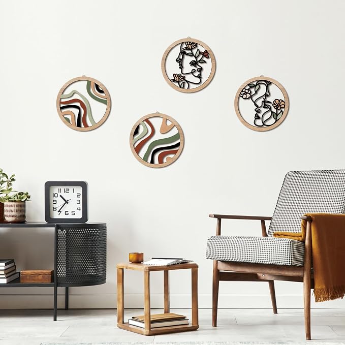 Boho Fashion Woman Wall Decor, Abstract Geometric Line Hanging Wooden Wall Art, 4 Pieces 10''x10'' Minimalist Aesthetic Female Women Face and Floral Wood Sign for Bedroom Living Room, Lady Gift