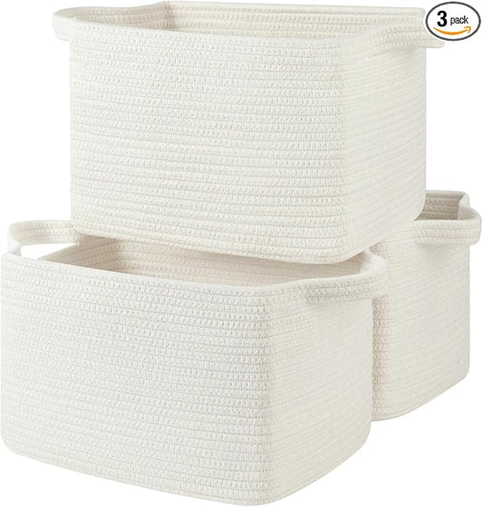 OIASKET Storage Baskets for Organizing, Woven Baskets for Shelves, Rectangle Decorative Organizer for Storage Clothes, Toy, Books, Towels Nursery Bins 3 Pack (White, 13"x9.85"x8.7")