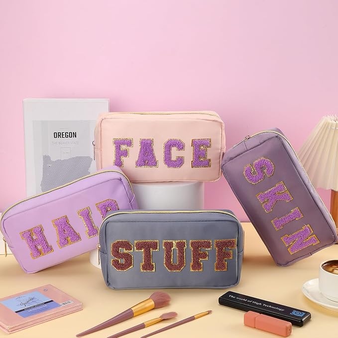 Preppy Makeup Bags Chenille Letter Stuff Bag Nylon Cosmetic Pouch Cases with Zipper for Women Travel Toiletry(Purple Set,Classic,4 Pcs)