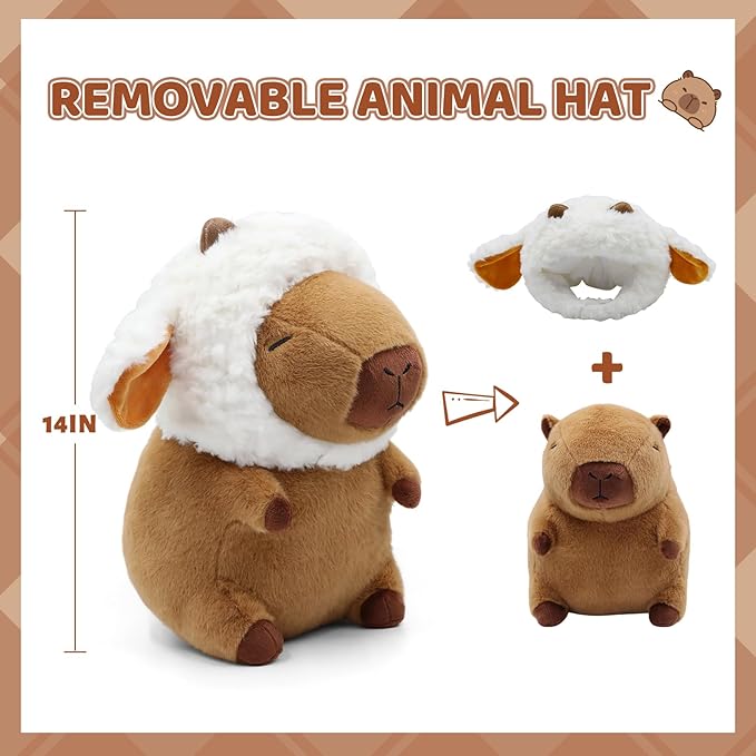 Capybara Plush, Cute Capybara Plush Toy Wear Removable Lamb Hat, Kawaii Soft Capybara Plushie Pillow, 14 inch Capybara Stuffed Animal Hugging Plushy Gifts for Kids Adults (Medium)