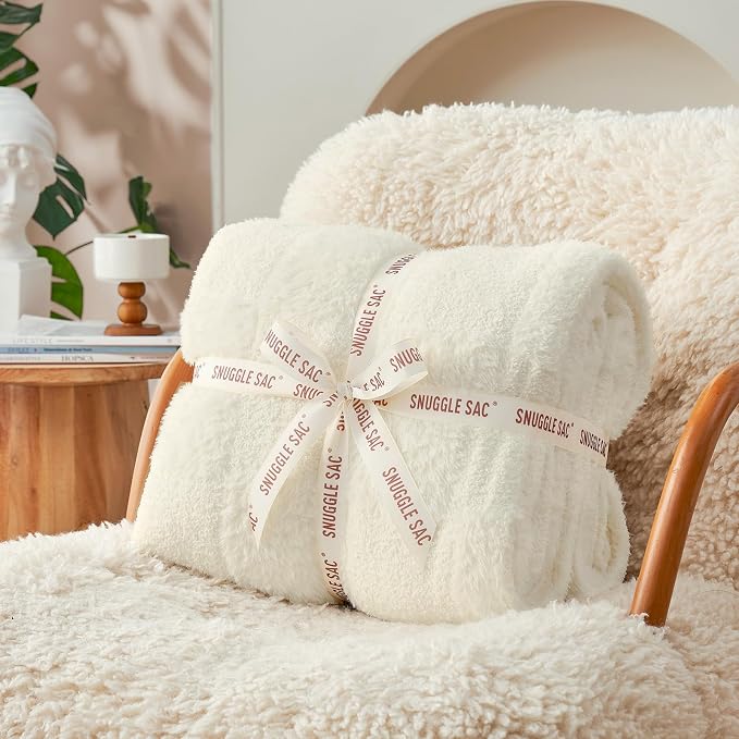 Snuggle Sac Checkered Throw Blanket Faux Fur Microfiber Blankets for Couch,Cozy Soft Warm Blanket for Sofa Bedroom Living Room,Solid Ivory,50x60 inches
