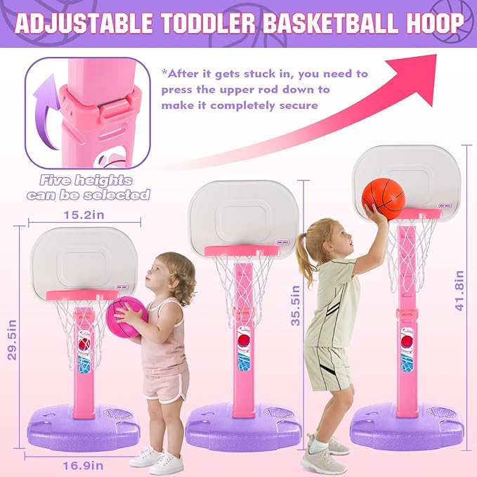 Toddler Basketball Hoop Indoor Outdoor for Kids 1-3, Height Adjustable Kids Basketball Hoop with 3 Balls, Portable Mini Basketball Goal Yard Pool Sport Toys for Baby Boys Girls Age 3 4 5