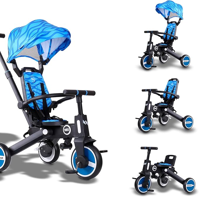 Adventure Pro Summer Edition - Foldable Tricycle for Toddlers-Big Canopy, Basket,Travel Backpack and Parent Bag - Toddler Tricycle for Ages 10 Months to 5 Years (Waves/Blue)