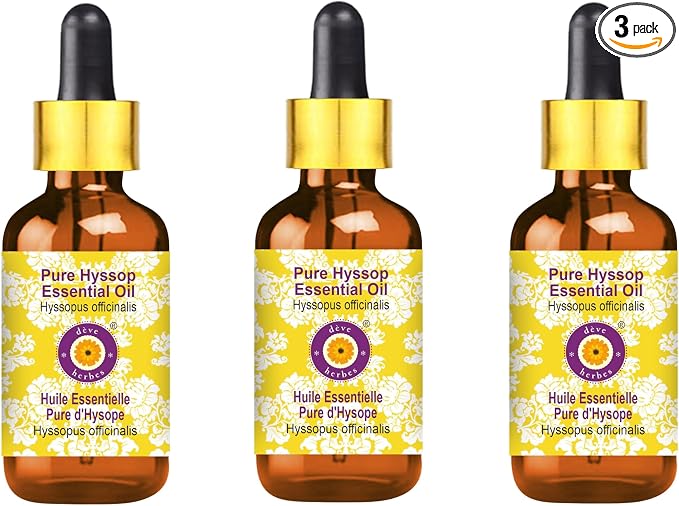 Deve Herbes Pure Hyssop Essential Oil (Hyssopus officinalis) with Glass Dropper Steam Distilled (Pack of Three) 100ml X 3 (10 oz)