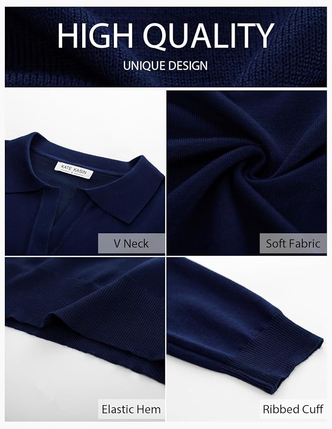 Women's Long Sleeve Classic V Neck Casual Fall Winter Polo Sweater Tops | Basic Collared Knitted Fashion Work Business Formal Daily Wear Versatile Pullover Shirts