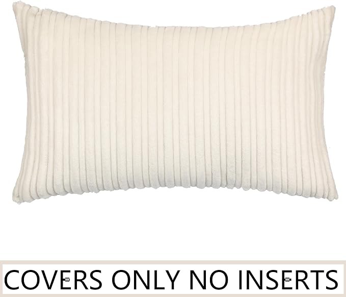 UGASA Velvet 12x20 Inch Lumbar Throw Pillow Cover, Both Sides Corduroy Striped, Soft Solid Decorative Rectangular Cushion Case for Couch/Bedroom/Car, 1 Piece, Cream