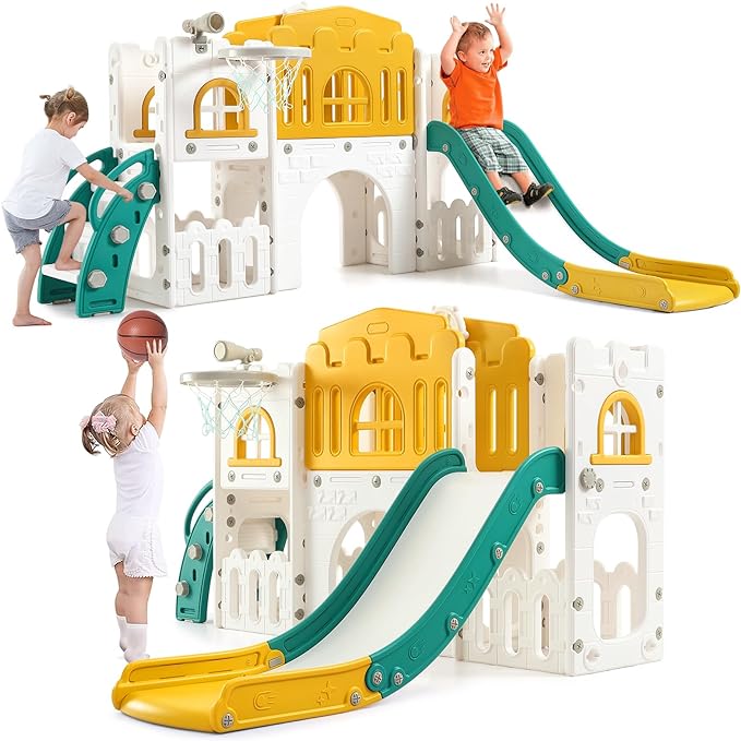GAOMON 8 in 1 Toddler Slide Indoor Playground, Indoor Slide Toddler Playset for Toddlers 1-3, Kids Outdoor Playground with Slide, Basketball Hoop, Climber, Crawling Tunnel, Telescope, Toy Storage