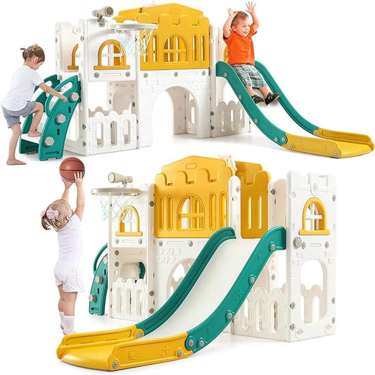 GAOMON 8 in 1 Toddler Slide Indoor Playground, Indoor Slide Toddler Playset for Toddlers 1-3, Kids Outdoor Playground with Slide, Basketball Hoop, Climber, Crawling Tunnel, Telescope, Toy Storage