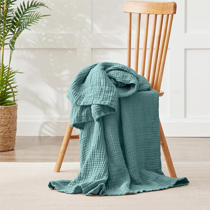 100% Cotton Muslin Blanket 50" x 60", Breathable and Lightweight Cotton Throw Blankets for Couch, Soft Cooling Summer Gauze Blanket for Adults All Season, Teal Blue