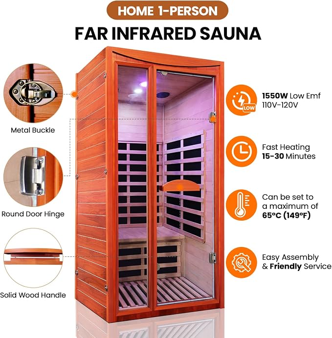 Infrared Sauna, Far Infrared Saunas for Home 1550W/110V Indoor Sauna for Single Person Wood Sauna Spacious 1-2 Person Low EMF Dry Sauna with Speakers/Air Hole and Color Lighting 39.4 * 35.4 * 74.8 in