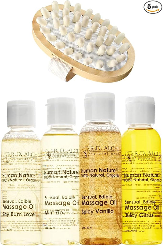 RD Alchemy - 100% Natural & Organic Edible Massage Oil 2-Piece Set - 4-Flavor Sample Pack + Body Massager. for Smooth, Sensual and Deep Tissue Massage.