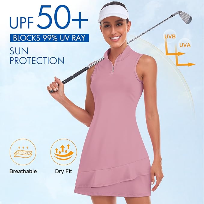 Viracy Tennis Dress for Women Sleeveless Golf Dresses with Shorts and Pockets Ruffle Zip Up Stand Collar Golf Outfits