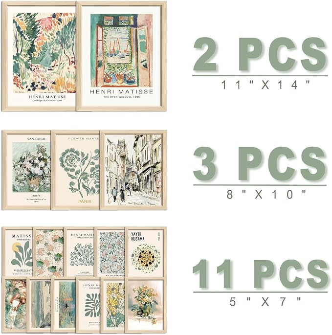 16 PCS Framed Sage Green Wall Art Decor, Matisse Wall Prints for Bedroom, Gallery Wall Frame Set, Abstract Posters for Living Room Aesthetic, Collage Kit Pictures, Boho Dorm Home Decor