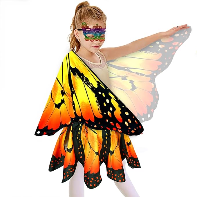 Kids Butterfly Wings Costume for Girls Fairy-Wings Toddler Dress Up Play Costumes Butterfly Skirt Set Mask Party Favors Gifts(Orange+skirt sets)