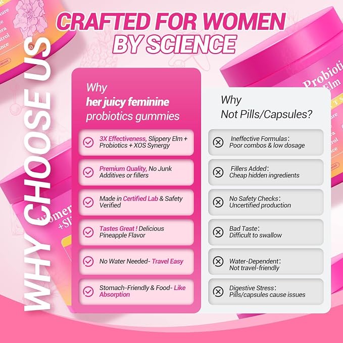 Her Juicy Feminine Probiotics Gummies | Womens Probiotic Slippery Elm, Probiotics for Women | Healthy Odor, pH Balance, Vaginal Health & Flora Support - 120 Pineapple Gummies