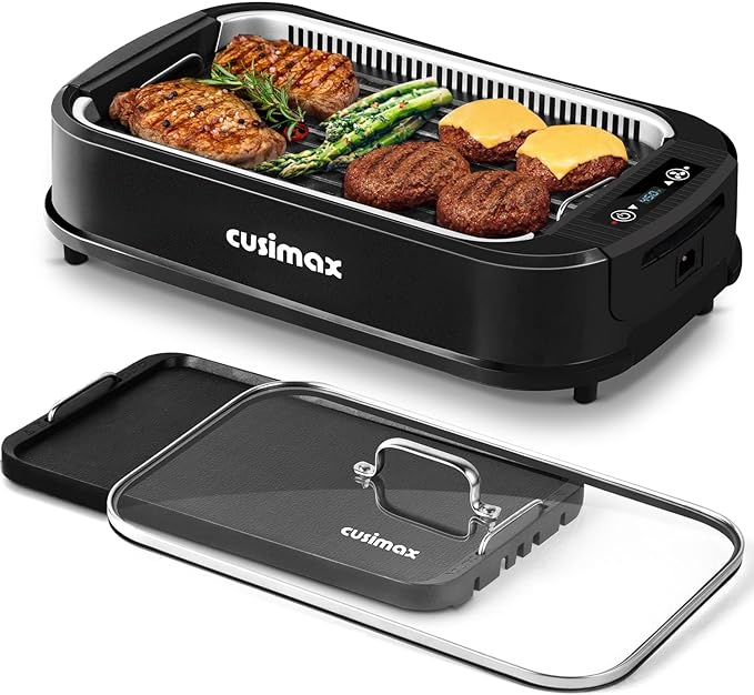 Indoor Grill, CUSIMAX Smokeless Grill Indoor, 1500W Electric Grill Griddle | Korean BBQ with Smart LED Display & Tempered Glass Lid, Non-stick Removable Grill Plate & Griddle Plate, Easy Cleanup, Black