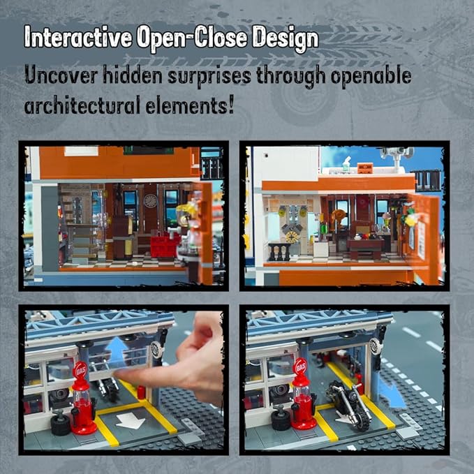 Retro Motorcycle Diner & Bar Building Set - Modular Street Corner Architecture Kit with Interactive Doors, Openable Walls, 4 Motorcycles & 5 Exclusive Minifigures for Display & Play