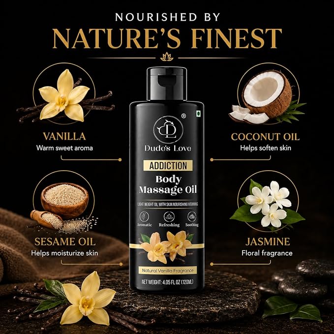 Dude's Love Vanilla Body Massage Oil Organic Non-Sticky Formula with Fractionated Coconut Oil, Vanilla & Jasmine Oil -Light Moisturizing Massage Therapy - 4.05 Fl Oz