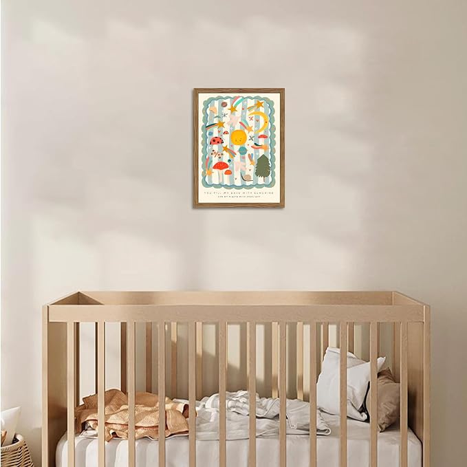 Framed Nursery Wall Art, Kids Inspirational Quote Canvas Wall Decor, Cute Insect Kids Room Prints Painting, Whimsical Sun and Moon Celestial Poster Pictures for Boys and Girls Room 16x24 Inch