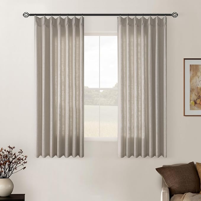 Burlywood Birch Pinch Pleat Linen Kitchen Curtains 45 Inches Long 2 Panels | Basement Short Curtains for Small Bay Window, Pinch Pleated with Hooks Rings Back Tab, Thick Linen Semi Sheer, W40xL45