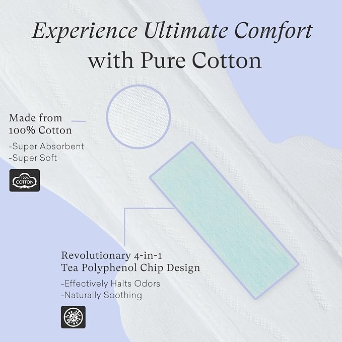 PurComfy Teens Maxi Period Pads with Wings for Tweens, Organic Cotton Sanitary Pads for Teens Girls 9-14, Long Overnight Size, 15 CT