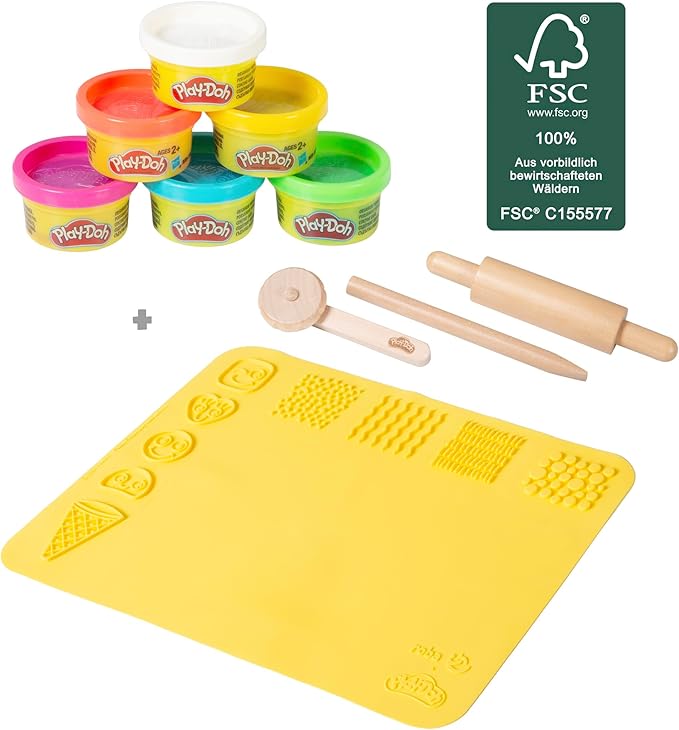robaPlay-Doh Wooden School Desk & Chair Set with Playset | Creative Workspace for Kids with Storage, Tools, Mat | Fun Art & Craft Station for Boys & Girls 3+