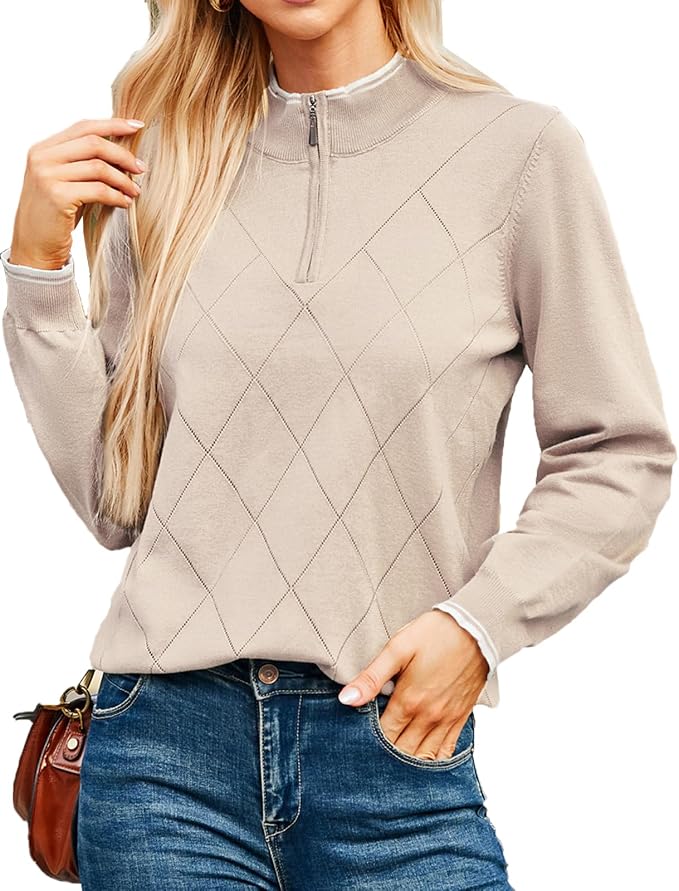 JACK SMITH Quarter Zip Pullover Sweaters for Womens, Rib Polo Sweater Tops | V Neck,Knit,Long Sleeve,Argyle,Open Pattern,Callar,Lightweight,Fashion,Golf Work Business Daily Wear Versatile Pullover Shirt
