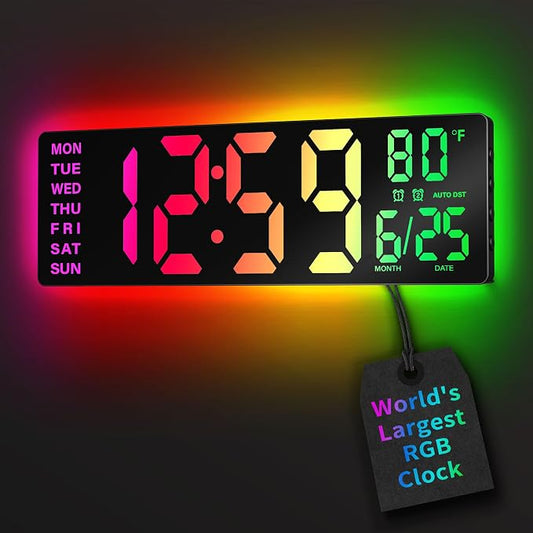EASYERA 16.5" Large Digital Wall Clock with BT Sync,11 RGB Lights | Classroom Clock Remote Control, Big LED Display, Dual Alarms, Auto DST, Temperature | Gaming