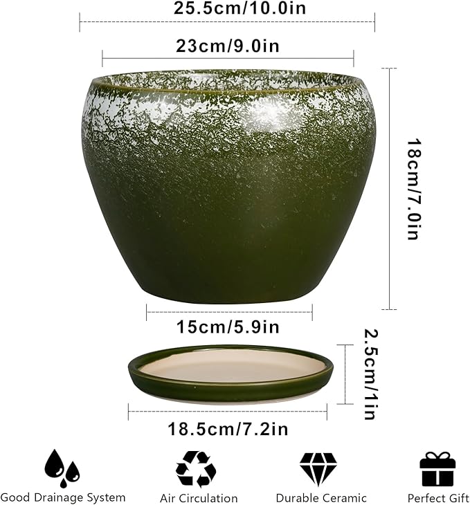 Ceramicfor 10 Inch Planter Pot - Ceramic Pots for Plants with Drainage Hole and Saucer, Round Large Flower Pot for Indoor Plants, Dark Green