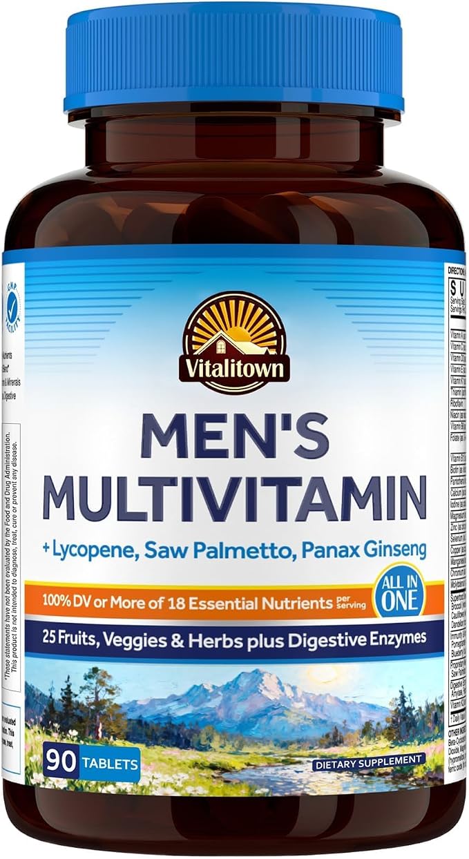 Vitalitown Multivitamin for Men, with Lycopene, Saw Palmetto, Magnesium, Zinc, Selenium, Vitamin A C D E K B, Fruits, Veggies & Enzymes for Complete Men's Health Support, Non-GMO, 90 Tablets