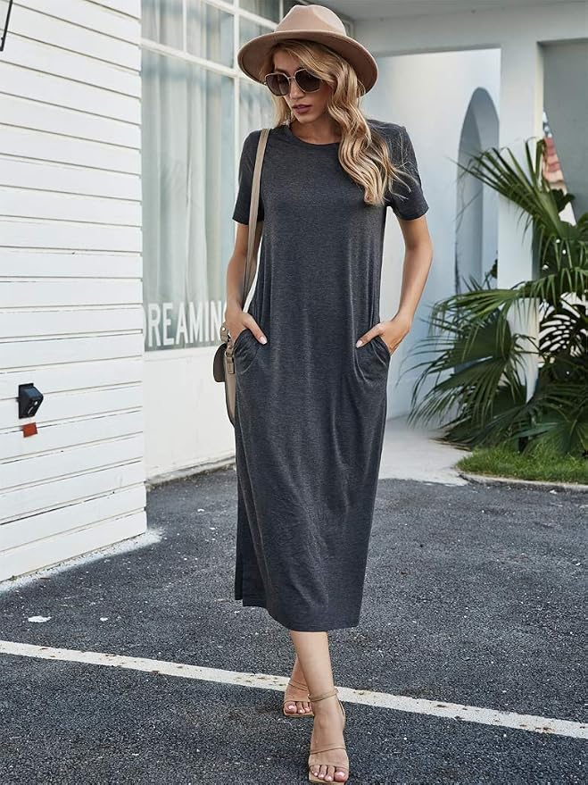 Naggoo Women's Casual T Shirt Midi Dress with Side Slit and Pockets