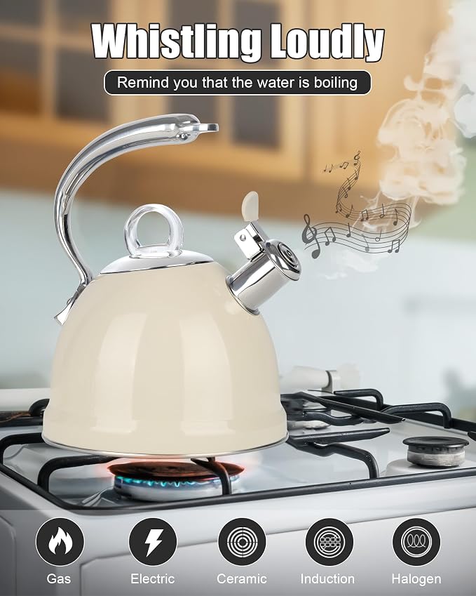 Harriet Tea Kettle Stovetop, 2.5 Quart Whistling Stainless Steel Tea Pot, 3-Layer Base, Unique Ergonomic Handle, Includes Pot Holder & Mat, Electric/Induction/Gas Stovetops Applicable, Beige White
