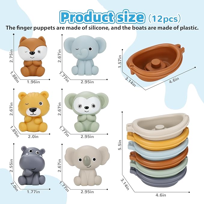 Bath Toys Float Boats for Kids Ages 18M+,Stackable Floaty Boat,Silicone Animal Finger Puppets,Toddler Toys Gifts for 2-4 Year Old Baby Gifts Valentines Easter Basket