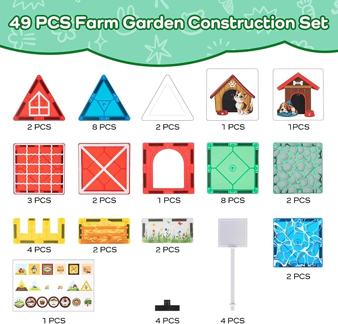 Magnetic Tiles Farm Animals Set, STEM Magnetic Building Blocks for Toddlers 3-5 5-7, Sensory Montessori Magnet Tiles for Kids Ages 4-8 Years Old Boys Girls, Magnet Toys Birthday
